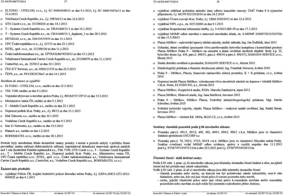 5.2013 NET4GAS, s.r.., zn. 324/13/0VP/N ze dne 15.1.2013 UPC Česká republika s.r.., č.j. 237/13 ze dne 23.1.2013 SITEL, spl. s r.., zn. 131300120 ze dne 11.1.2013 České radikmunikace a.s., zn. ÚPTS/OS/86745/2013 ze dne 15.