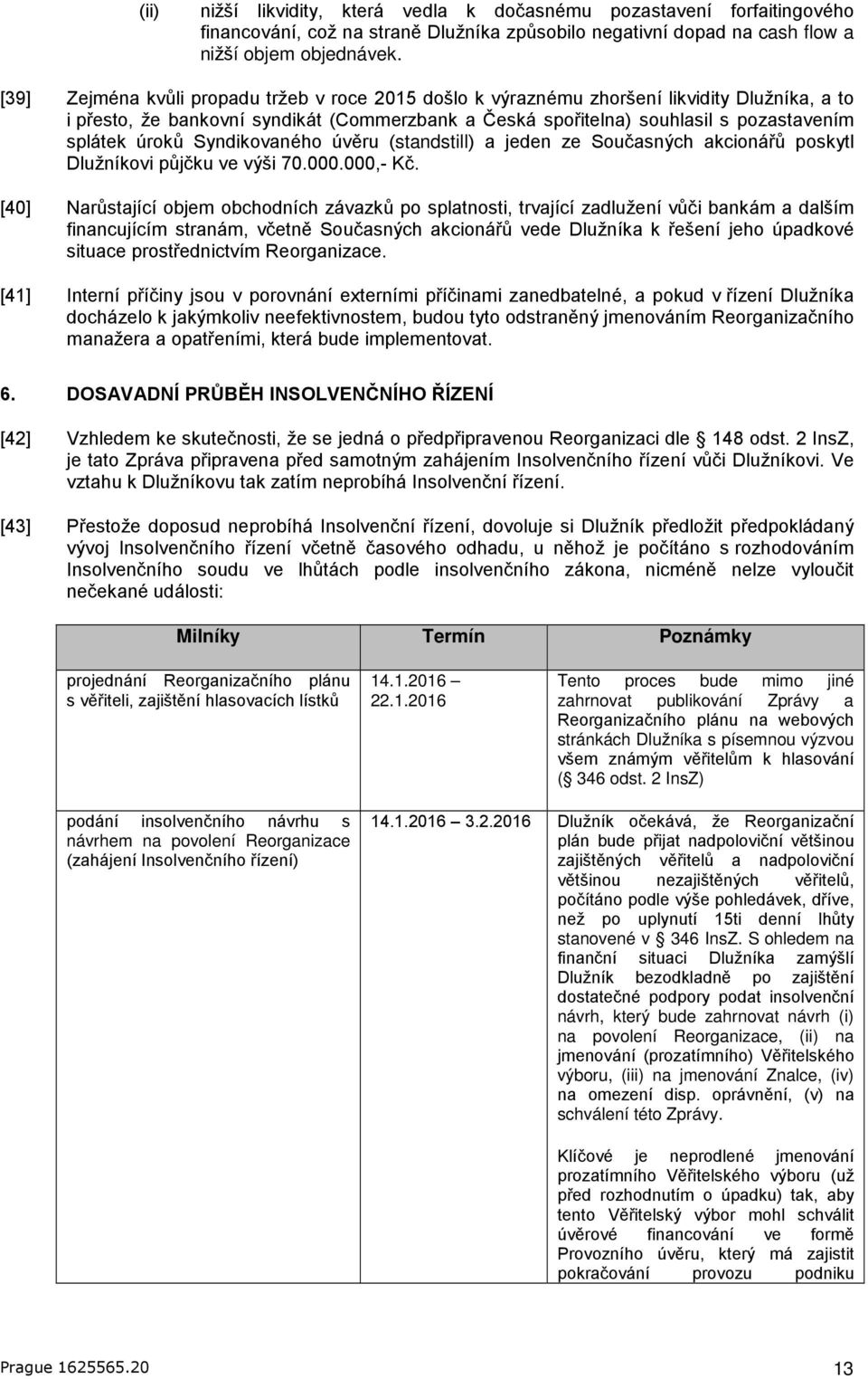 Syndikovaného úvěru (standstill) a jeden ze Současných akcionářů poskytl Dlužníkovi půjčku ve výši 70.000.000,- Kč.