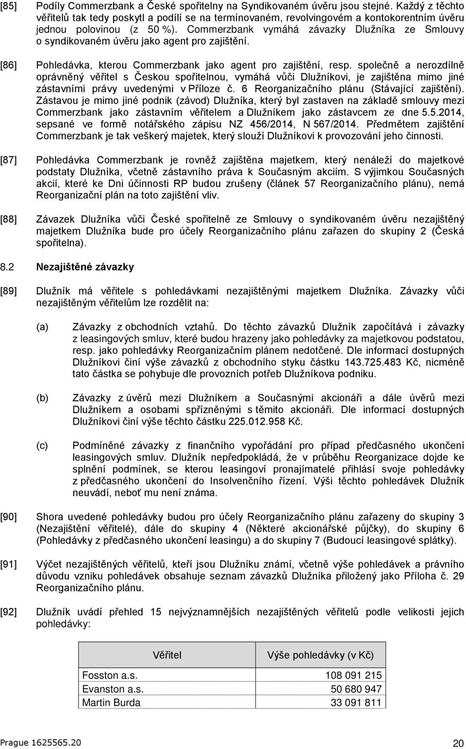 Commerzbank vymáhá závazky Dlužníka ze Smlouvy o syndikovaném úvěru jako agent pro zajištění. [86] Pohledávka, kterou Commerzbank jako agent pro zajištění, resp.