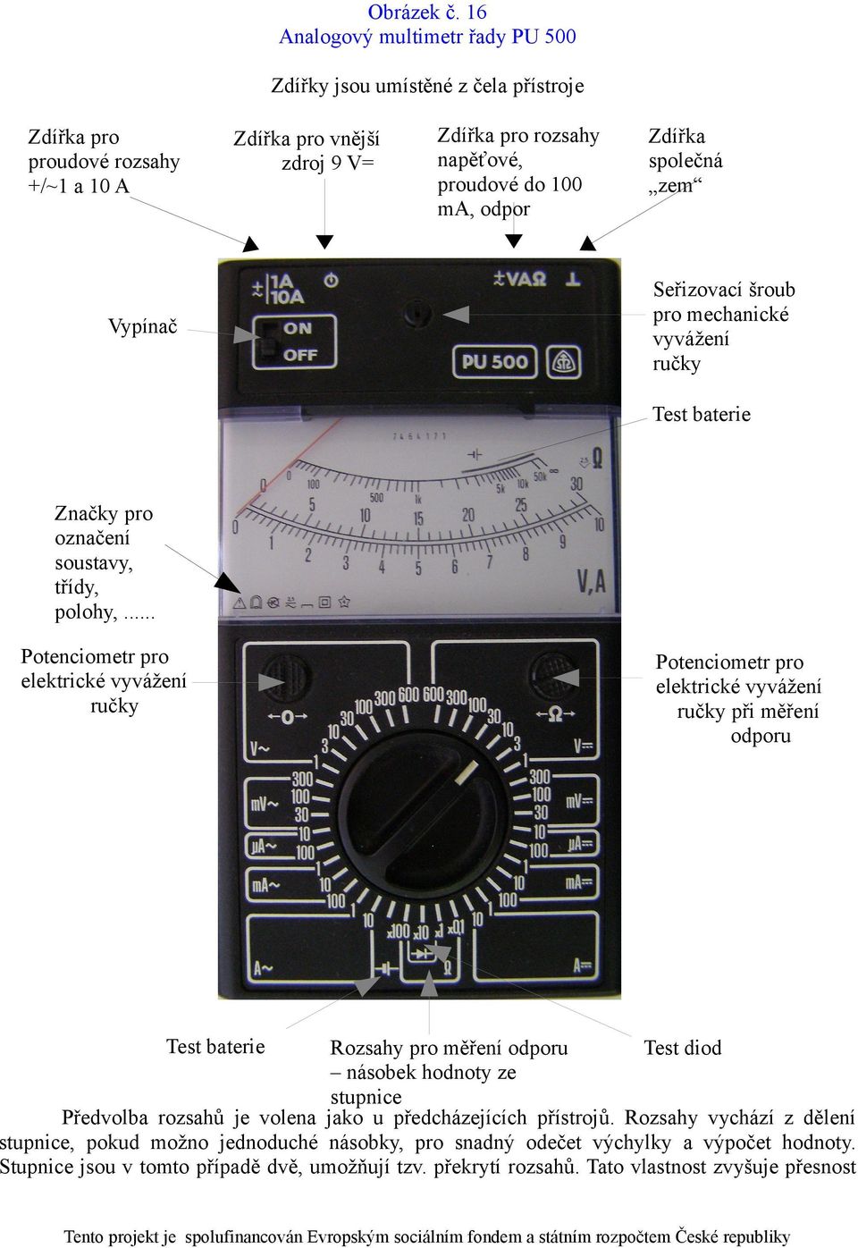 odpor Zdířka společná zem Seřizovací šroub pro mechanické vyvážení ručky Test baterie Značky pro označení soustavy, třídy, polohy,.