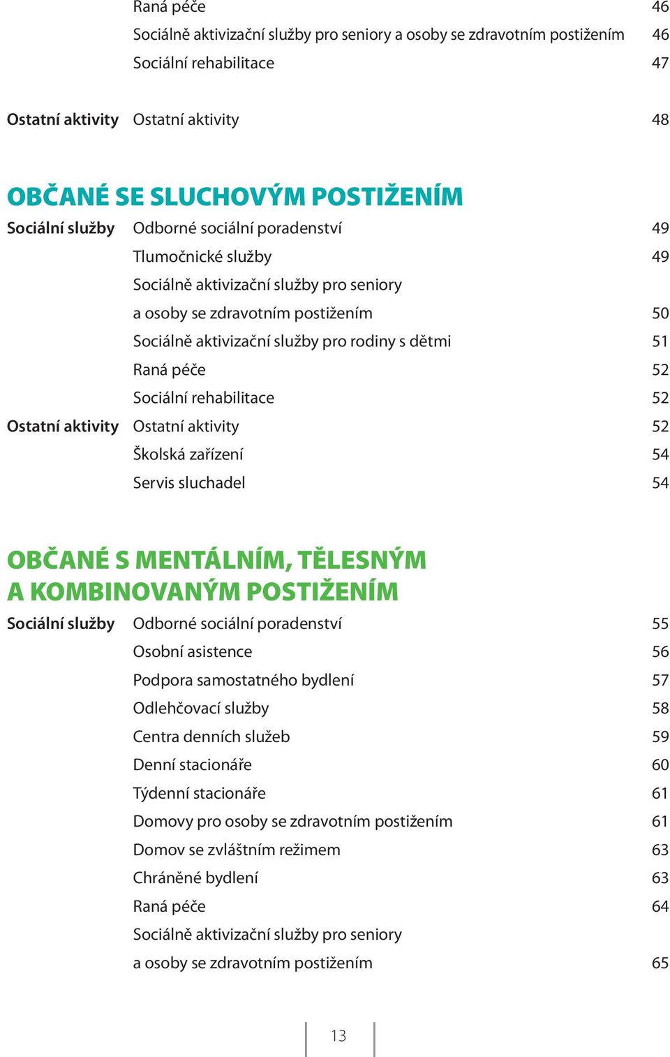 Sociální rehabilitace 52 Ostatní aktivity Ostatní aktivity 52 Školská zařízení 54 Servis sluchadel 54 OBČANÉ S MENTÁLNÍM, TĚLESNÝM A KOMBINOVANÝM POSTIŽENÍM Sociální služby Odborné sociální