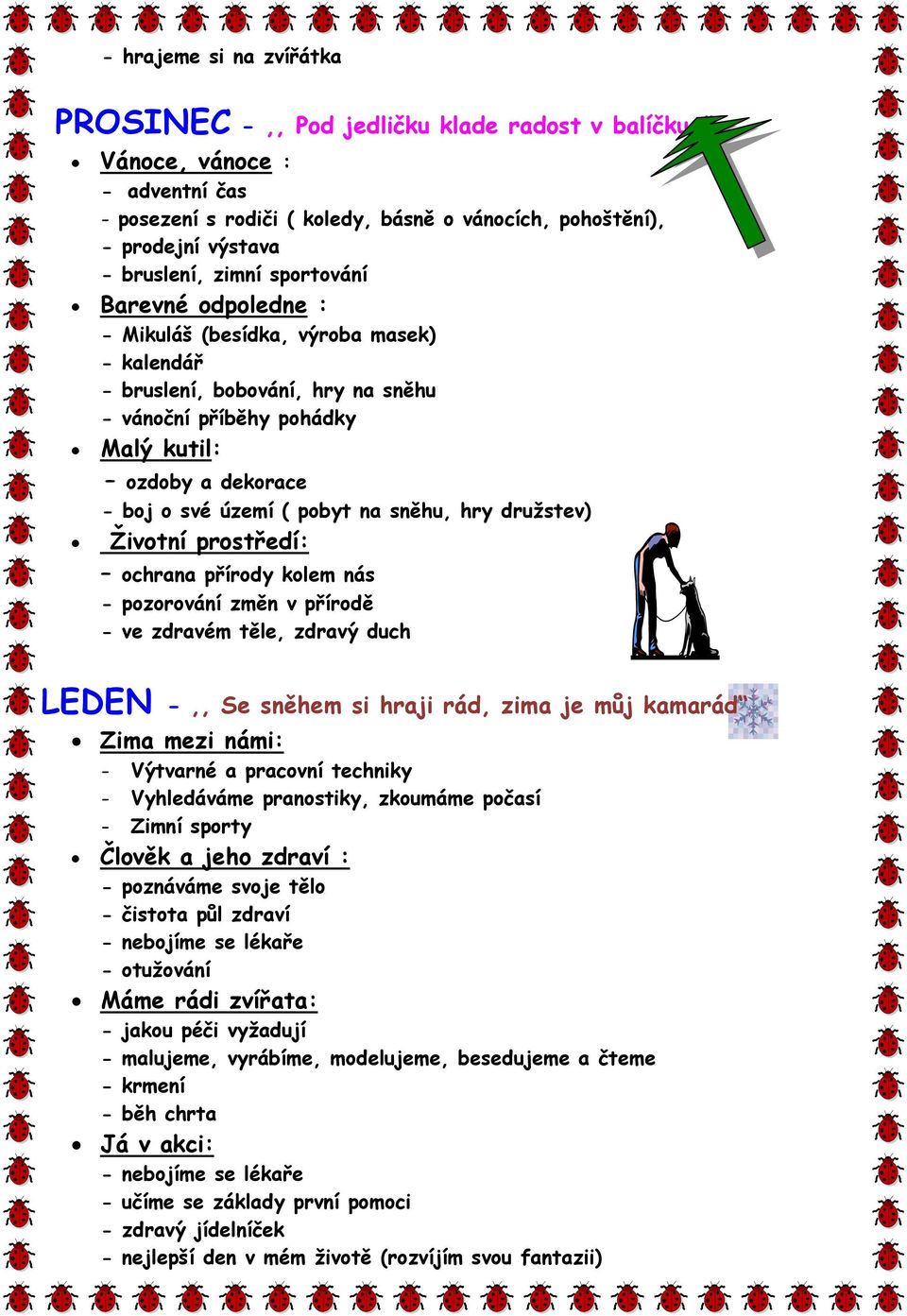 na sněhu, hry družstev) Životní prostředí: ochrana přírody kolem nás - pozorování změn v přírodě - ve zdravém těle, zdravý duch LEDEN -,, Se sněhem si hraji rád, zima je můj kamarád Zima mezi námi: -