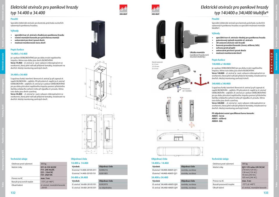 460 - je navíc vybaven mikrospínačem se dveřích. Možný monitoring zavřených dveří. 34.400 a 34.460 S opačnou funkcí otevření: Reverzní je při zapnutí el. napětí BLOKOVÁN zajištěn. Při přerušení el.
