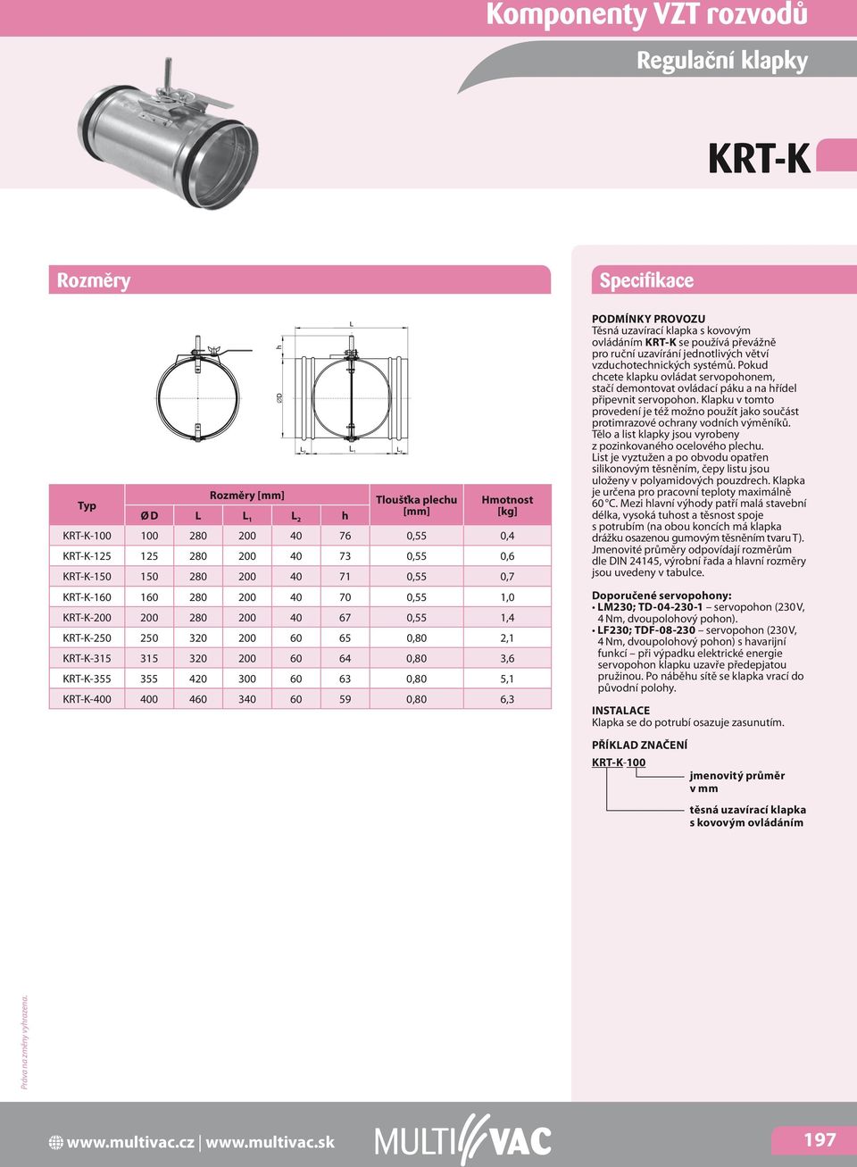 59 0,80 6,3 Těsná uzavírací klapka s kovovým ovládáním KRT-K se používá převážně pro ruční uzavírání jednotlivých větví vzduchotechnických systémů.