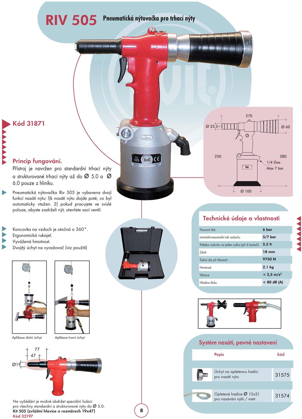 2) pokud pracujete ve svislé poloze, abyste zadrželi nýt, otevřete sací ventil. Koncovka na vzduch je otočná o 360. Ergonomická rukojeť. Vyvážená hmotnost.