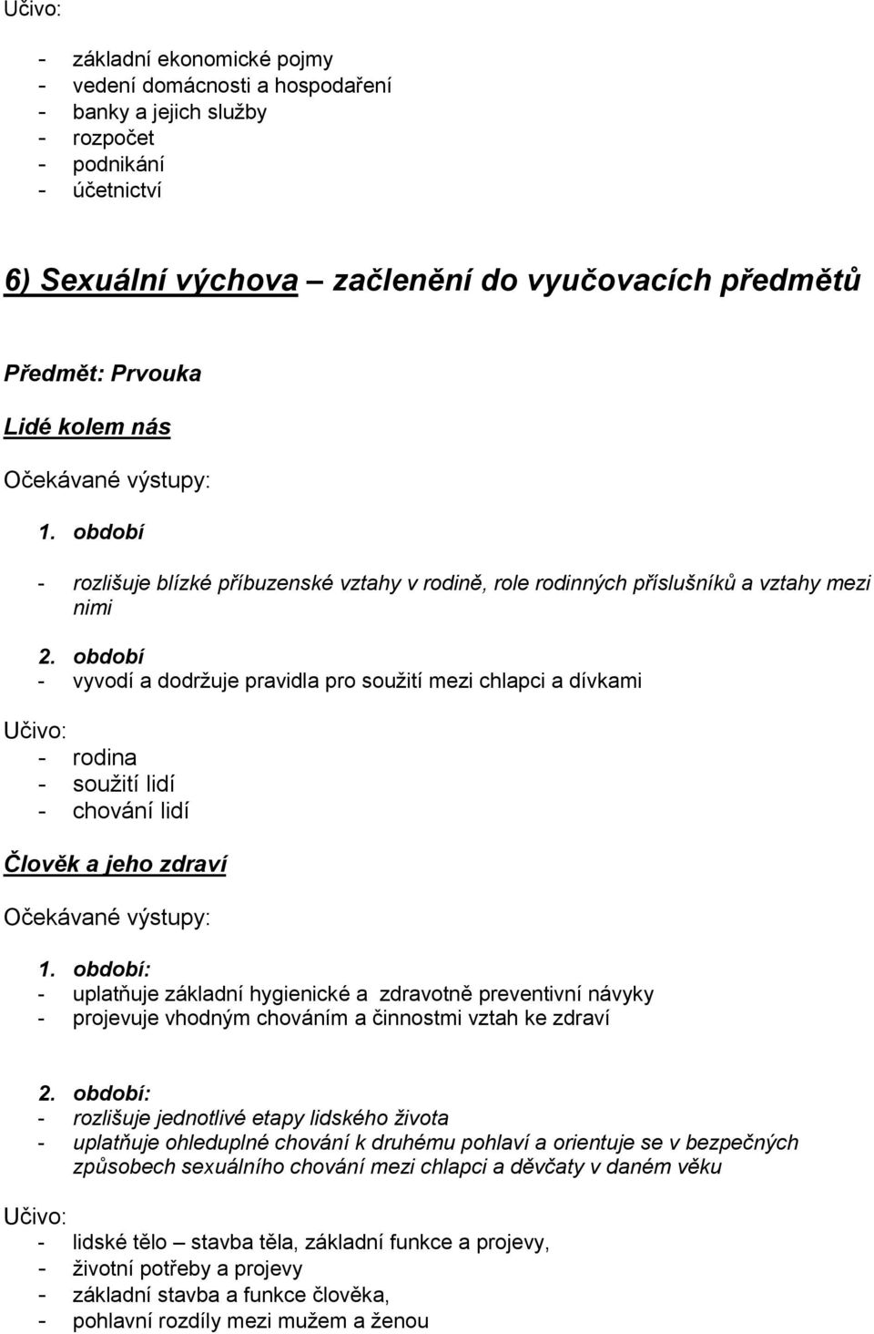 období - vyvodí a dodržuje pravidla pro soužití mezi chlapci a dívkami - rodina - soužití lidí - chování lidí Člověk a jeho zdraví 1.