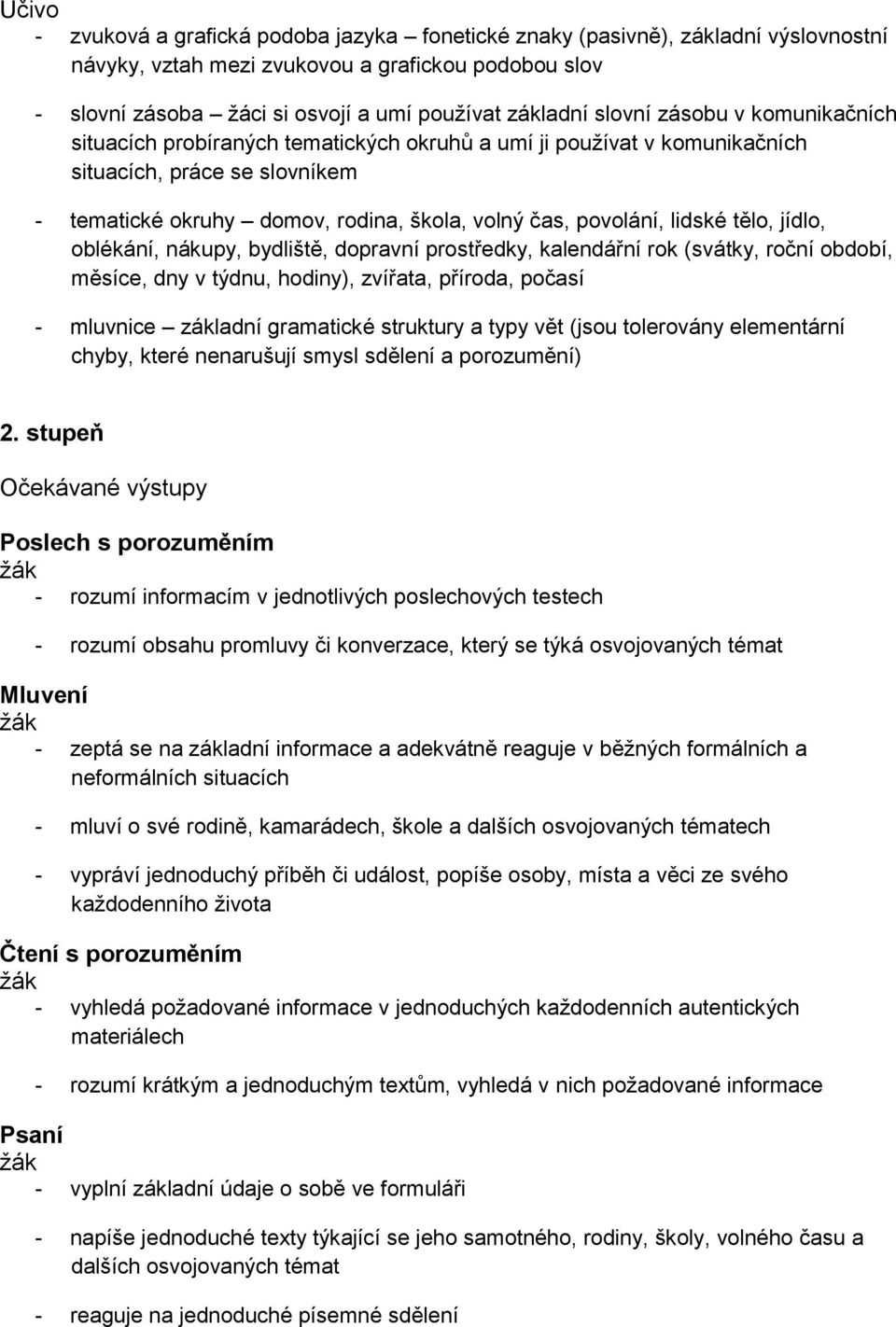 lidské tělo, jídlo, oblékání, nákupy, bydliště, dopravní prostředky, kalendářní rok (svátky, roční období, měsíce, dny v týdnu, hodiny), zvířata, příroda, počasí - mluvnice základní gramatické