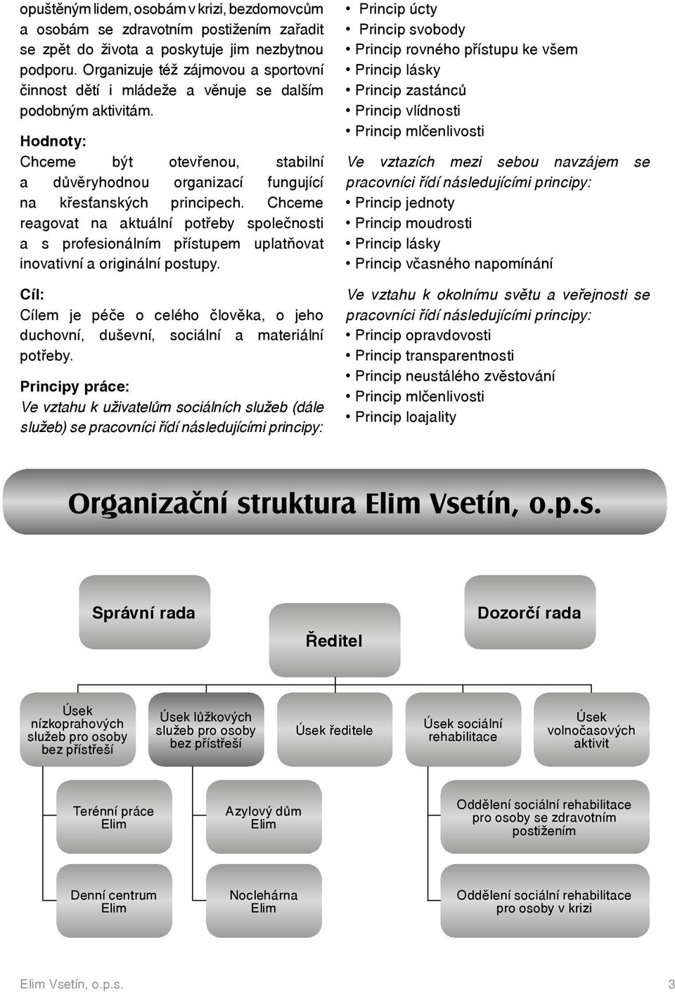 Hodnoty: Chceme být otevřenou, stabilní a důvěryhodnou organizací fungující na křesťanských principech.