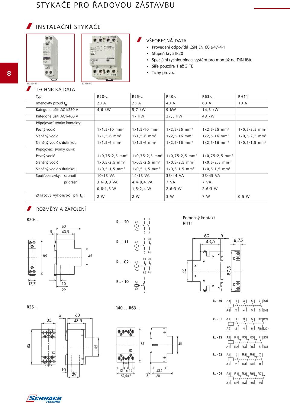 . RH11 Jmenovitý proud I e 20 A 25 A 40 A 63 A 10 A Kategorie užití AC1/230 V 4,6 kw 5,7 kw 9 kw 14,3 kw Kategorie užití AC1/400 V 17 kw 27,5 kw 43 kw Připojovací svorky kontakty: Pevný vodič