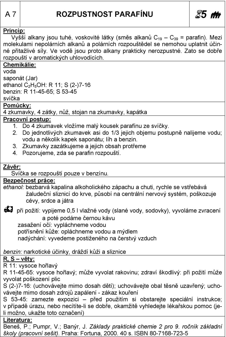 Zato se dobře rozpouští v aromatických uhlovodících. voda saponát (Jar) ethanol C 2 H 5 OH: R 11; S (2-)7-16 benzin: R 11-45-65; S 53-45 svíčka 4 zkumavky, 4 zátky, nůž, stojan na zkumavky, kapátka 1.