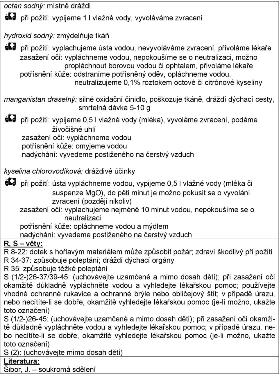 neutralizujeme 0,1% roztokem octové či citrónové kyseliny manganistan draselný: silné oxidační činidlo, poškozuje tkáně, dráždí dýchací cesty, smrtelná dávka 5-10 g při požití: vypijeme 0,5 l vlažné