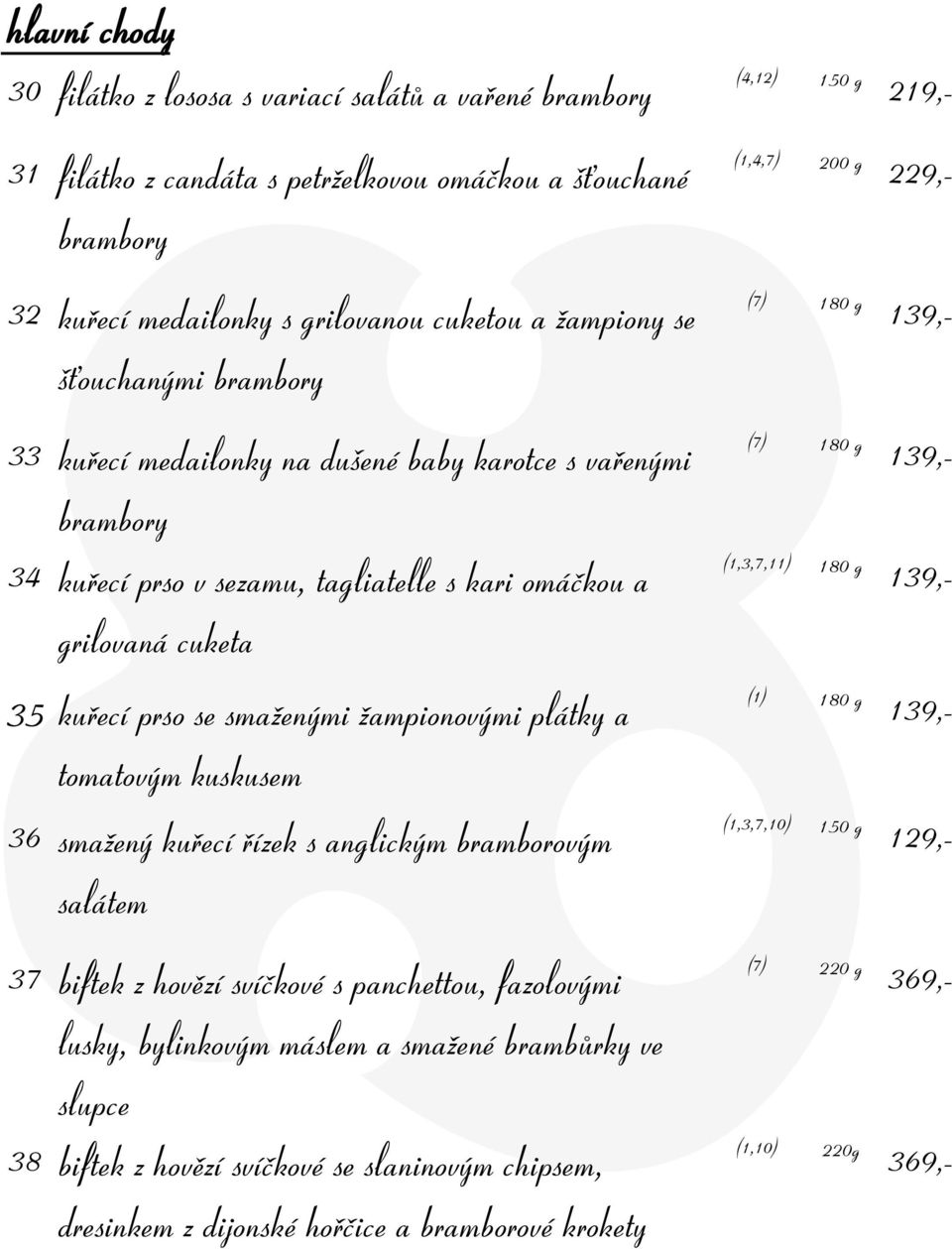 plátky a tomatovým kuskusem 36 smažený kuřecí řízek s anglickým bramborovým salátem 37 biftek z hovězí svíčkové s panchettou, fazolovými lusky, bylinkovým máslem a smažené brambůrky ve slupce 38