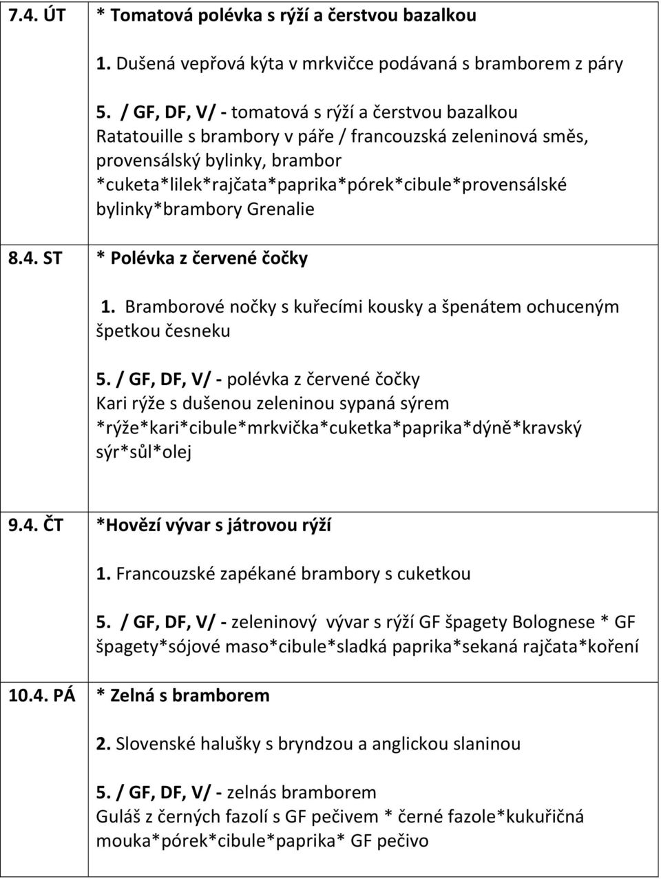 bylinky*brambory Grenalie 8.4. ST * Polévka z červené čočky 1. Bramborové nočky s kuřecími kousky a špenátem ochuceným špetkou česneku 5.