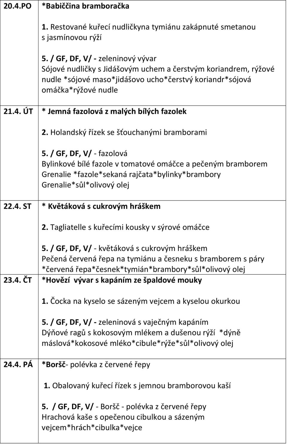 ÚT * Jemná fazolová z malých bílých fazolek 2. Holandský řízek se šťouchanými bramborami 5.