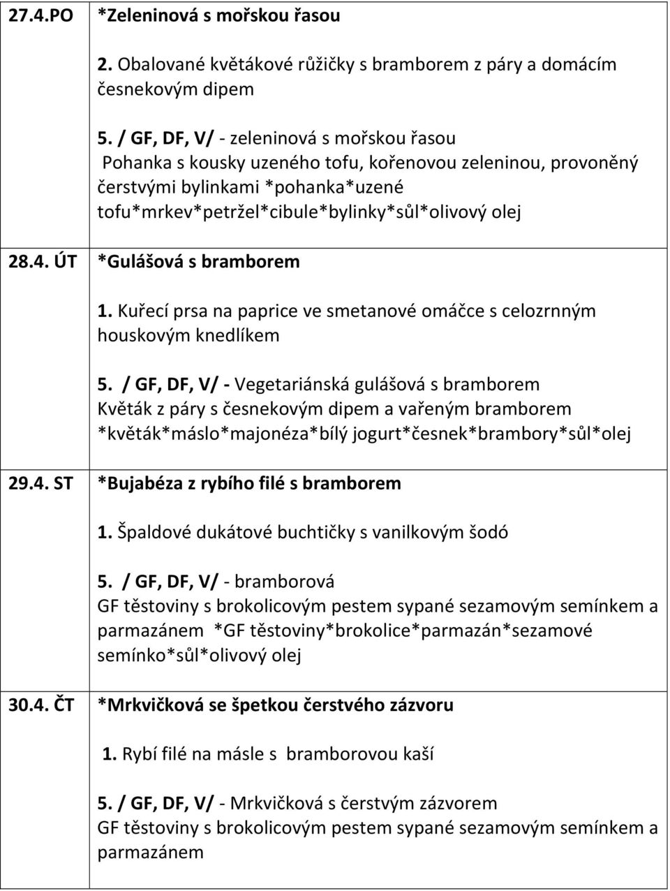 ÚT *Gulášová s bramborem 1. Kuřecí prsa na paprice ve smetanové omáčce s celozrnným houskovým knedlíkem 5.