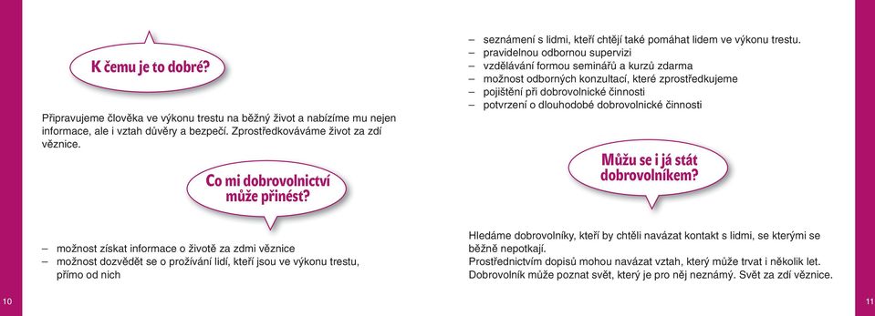 pravidelnou odbornou supervizi vzdělávání formou seminářů a kurzů zdarma možnost odborných konzultací, které zprostředkujeme pojištění při dobrovolnické činnosti potvrzení o dlouhodobé dobrovolnické