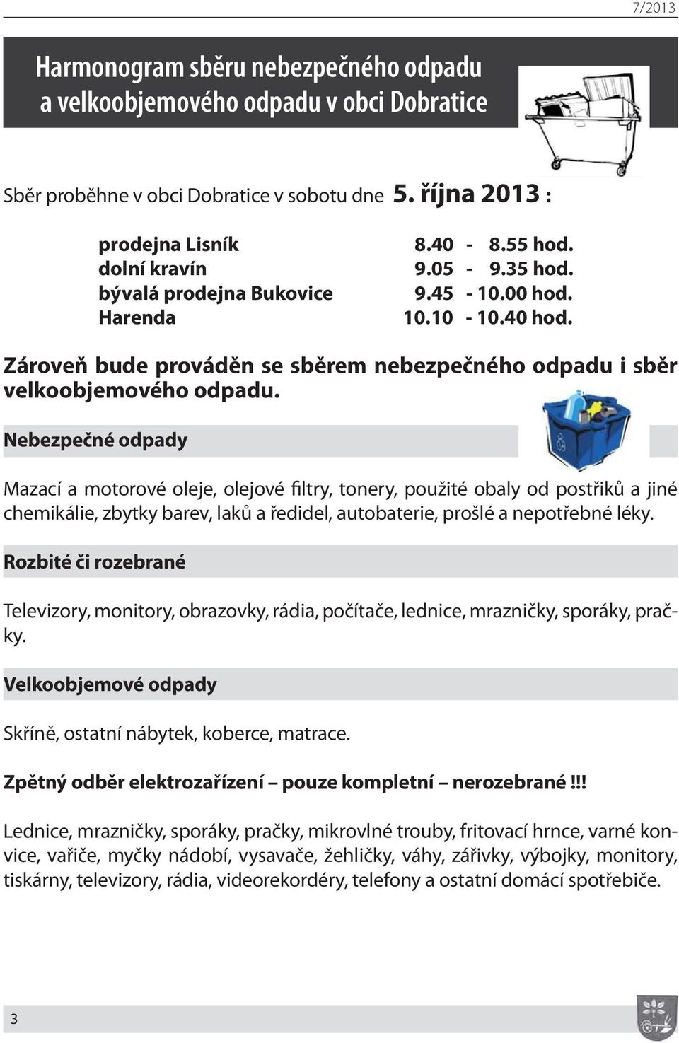 Nebezpečné odpady Mazací a motorové oleje, olejové filtry, tonery, použité obaly od postřiků a jiné chemikálie, zbytky barev, laků a ředidel, autobaterie, prošlé a nepotřebné léky.