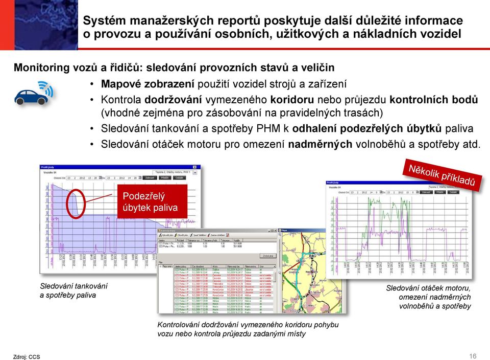 trasách) Sledování tankování a spotřeby PHM k odhalení podezřelých úbytků paliva Sledování otáček motoru pro omezení nadměrných volnoběhů a spotřeby atd.