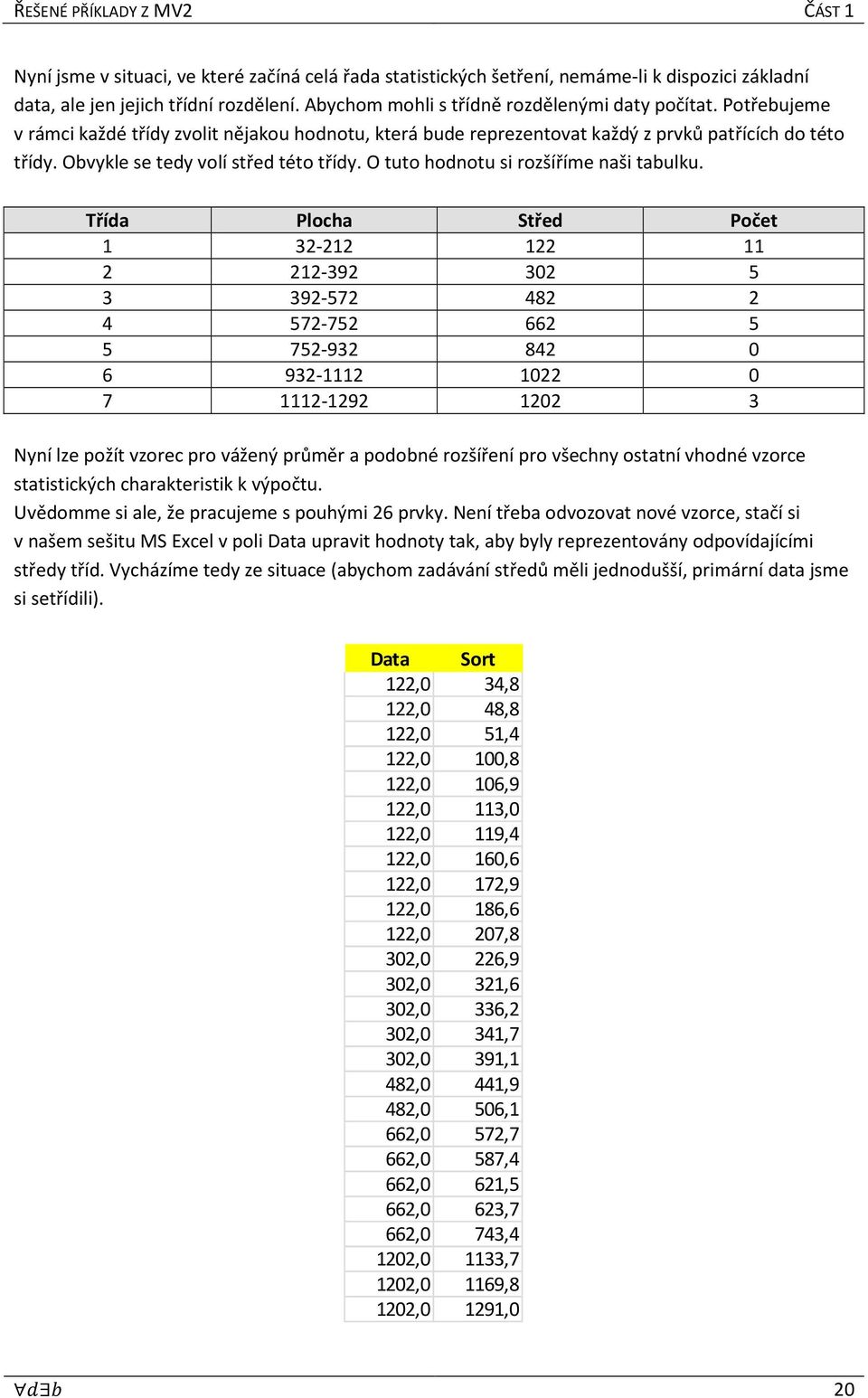 Třída Plocha Střed Počet 1 32-212 122 11 2 212-392 302 5 3 392-572 482 2 4 572-752 662 5 5 752-932 842 0 6 932-1112 1022 0 7 1112-1292 1202 3 Nyní lze požít vzorec pro vážený průměr a podobné