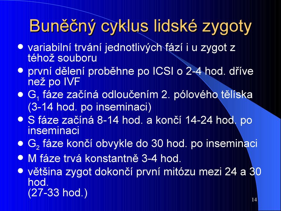 po inseminaci) S fáze začíná 8-14 hod. a končí 14-24 hod. po inseminaci G2 fáze končí obvykle do 30 hod.