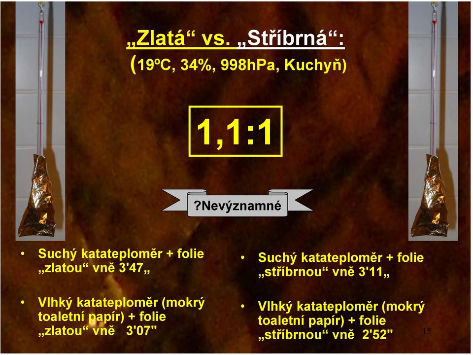 (mokrý toaletní papír) + folie zlatou vně 3'07" Suchý katateploměr +