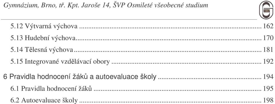 .. 192 6 Pravidla hodnocení žák a autoevaluace školy... 194 6.