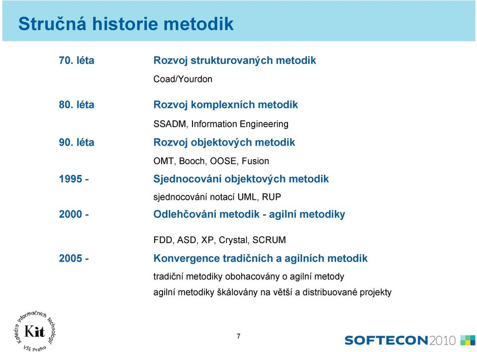 léta Rozvoj objektových metodik OMT, Booch, OOSE, Fusion 1995 - Sjednocování objektových metodik sjednocování notací UML, RUP