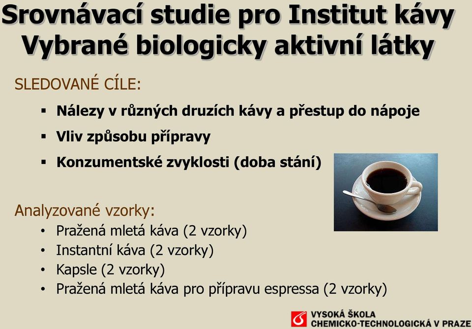 zvyklosti (doba stání) Analyzované vzorky: Pražená mletá káva (2 vzorky) Instantní