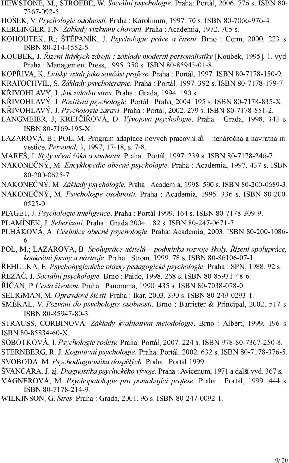 Řízení lidských zdrojů : základy moderní personalistiky [Koubek, 1995]. 1. vyd. Praha : Management Press, 1995. 350 s. ISBN 80-85943-01-8. KOPŘIVA, K. Lidský vztah jako součást profese.