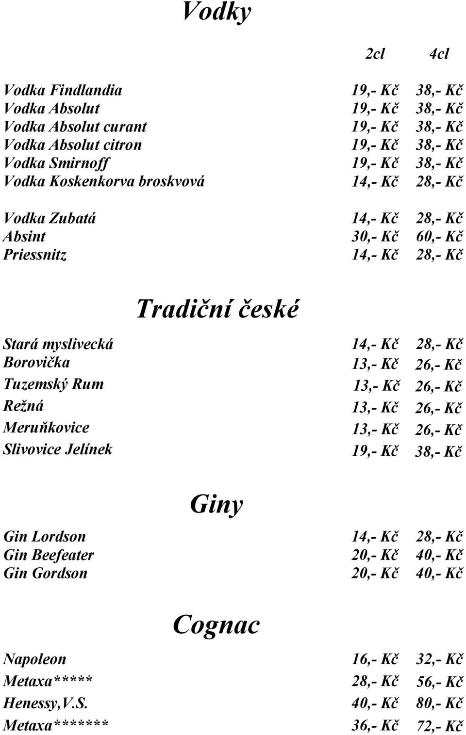 Kč Borovička 13,- Kč 26,- Kč Tuzemský Rum 13,- Kč 26,- Kč Režná 13,- Kč 26,- Kč Meruňkovice 13,- Kč 26,- Kč Slivovice Jelínek 19,- Kč 38,- Kč Giny Gin Lordson 14,- Kč 28,- Kč