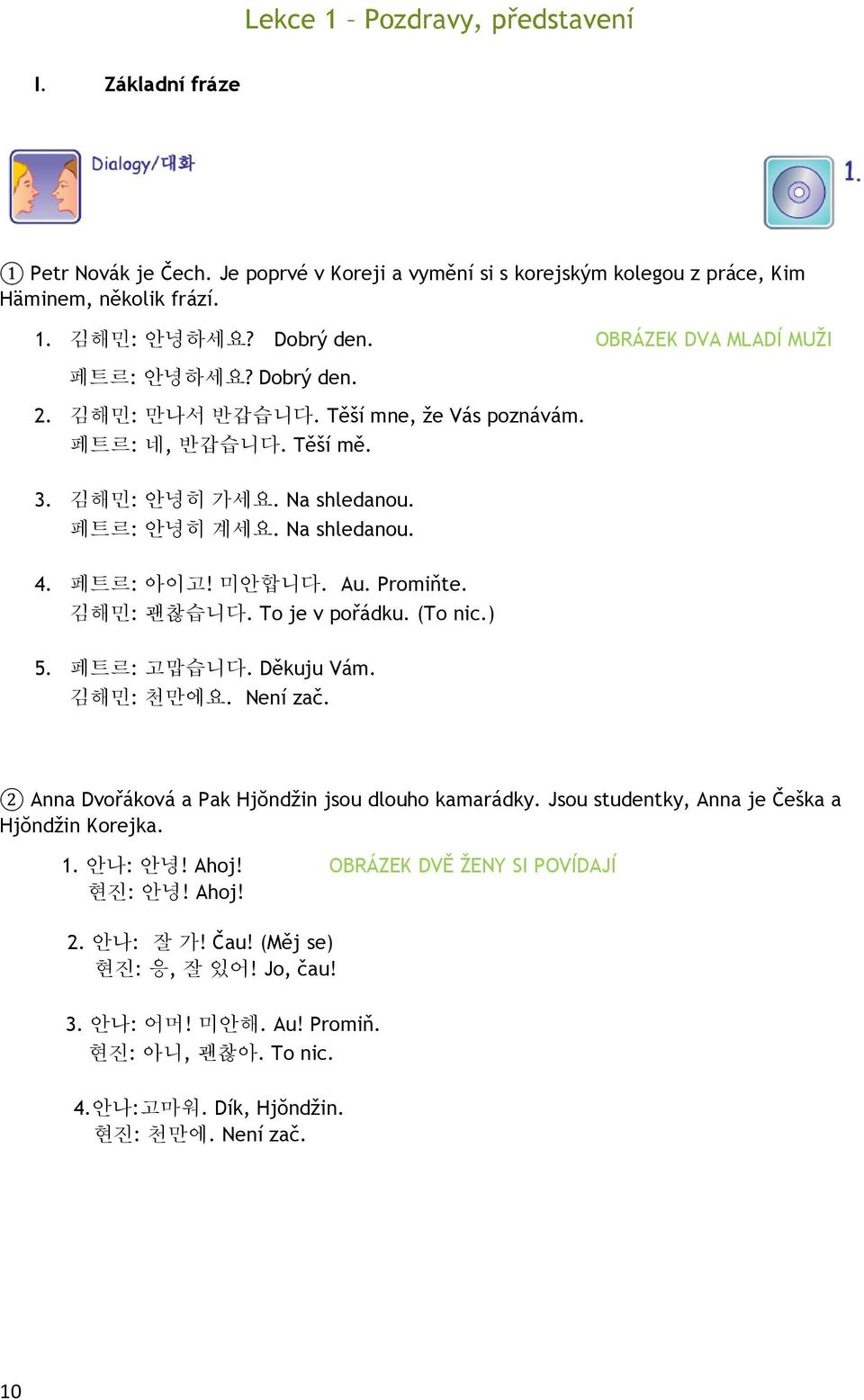 Au. Promiňte. 김해민: 괜찮습니다. To je v pořádku. (To nic.) 5. 페트르: 고맙습니다. Děkuju Vám. 김해민: 천만에요. Není zač. 2 Anna Dvořáková a Pak Hjŏndžin jsou dlouho kamarádky.