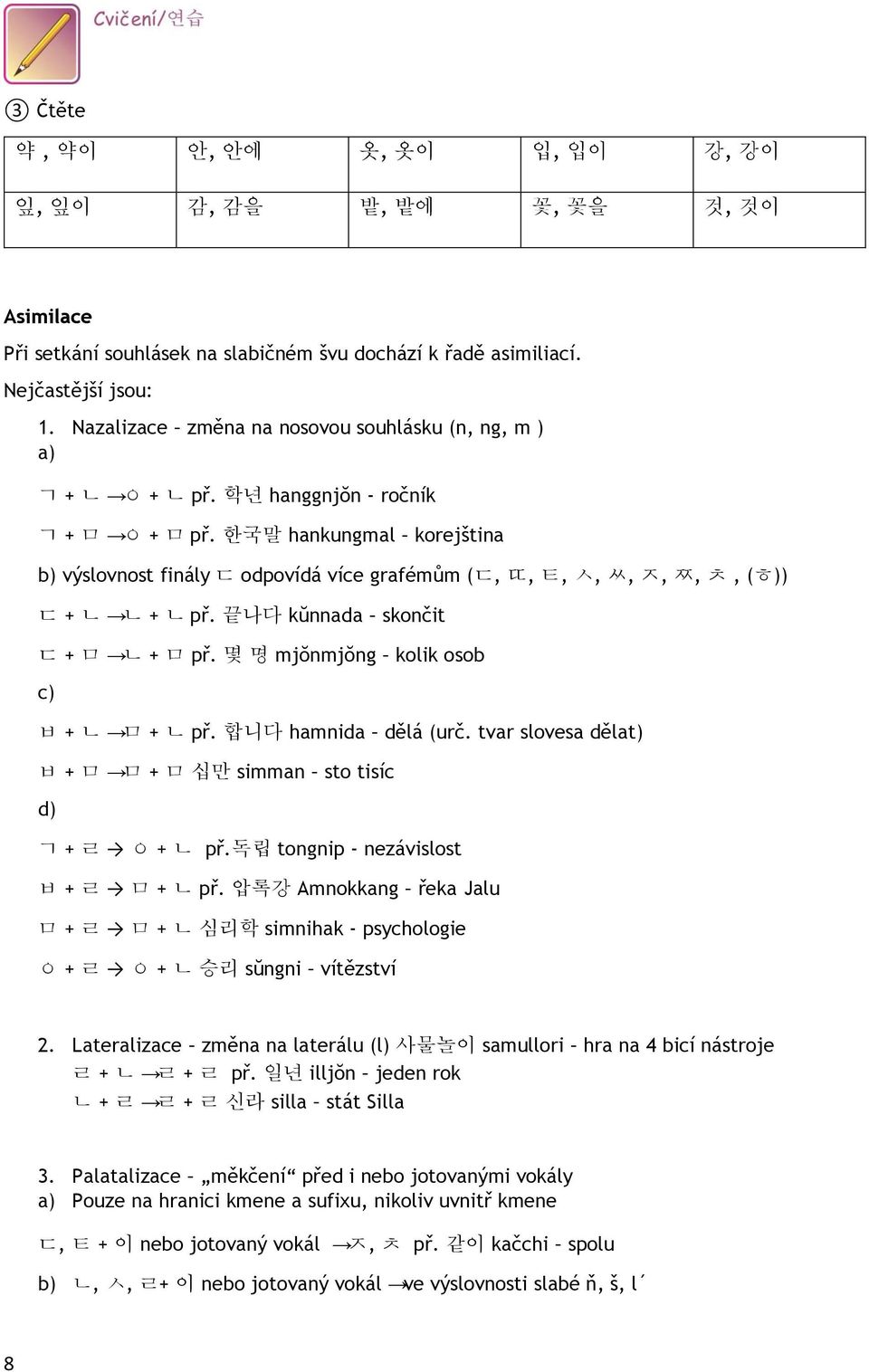 한국말 hankungmal korejština b) výslovnost finály ㄷ odpovídá více grafémům (ㄷ, ㄸ, ㅌ, ㅅ, ㅆ, ㅈ, ㅉ, ㅊ, (ㅎ)) ㄷ + ㄴ ㄴ + ㄴ př. 끝나다 kŭnnada skončit ㄷ + ㅁ ㄴ + ㅁ př. 몇 명 mjŏnmjŏng kolik osob c) ㅂ + ㄴ ㅁ + ㄴ př.