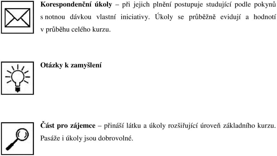 Úkoly se průběžně evidují a hodnotí v průběhu celého kurzu.