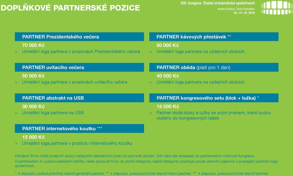 PARTNER abstrakt na USB 30 000 Kč > Umístění loga partnera na USB PARTNER kongresového setu (blok + tužka) * 15 000 Kč > Partner dodá bloky a tužky se svým jménem, které budou vloženy do kongresových