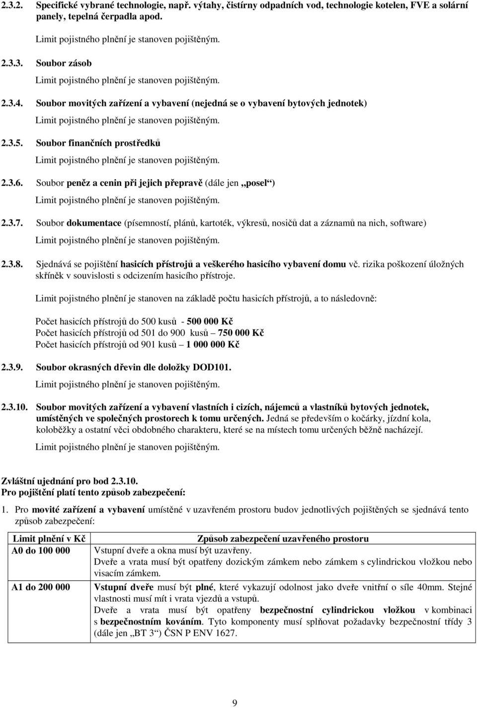 Soubor finančních prostředků Limit pojistného plnění je stanoven pojištěným. 2.3.6. Soubor peněz a cenin při jejich přepravě (dále jen posel ) Limit pojistného plnění je stanoven pojištěným. 2.3.7.