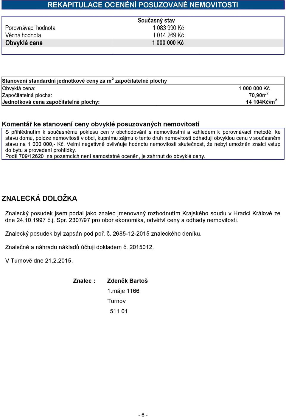 přihlédnutím k současnému poklesu cen v obchodování s nemovitostmi a vzhledem k porovnávací metodě, ke stavu domu, poloze nemovitosti v obci, kupnímu zájmu o tento druh nemovitosti odhaduji obvyklou