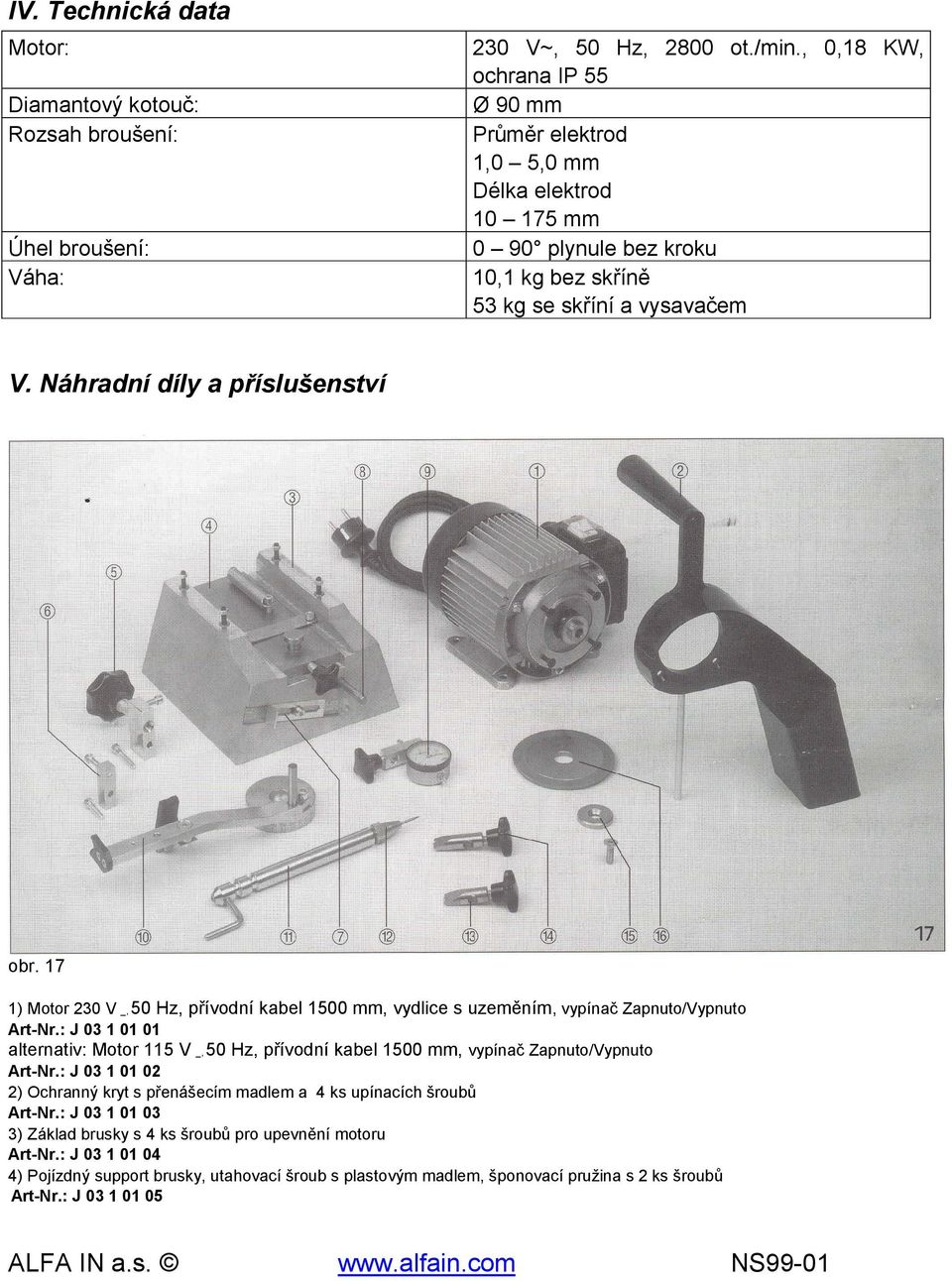 broušení: Váha: V. Náhradní díly a příslušenství obr. 17 1) Motor 230 V _, 50 Hz, přívodní kabel 1500 mm, vydlice s uzeměním, vypínač Zapnuto/Vypnuto Art-Nr.