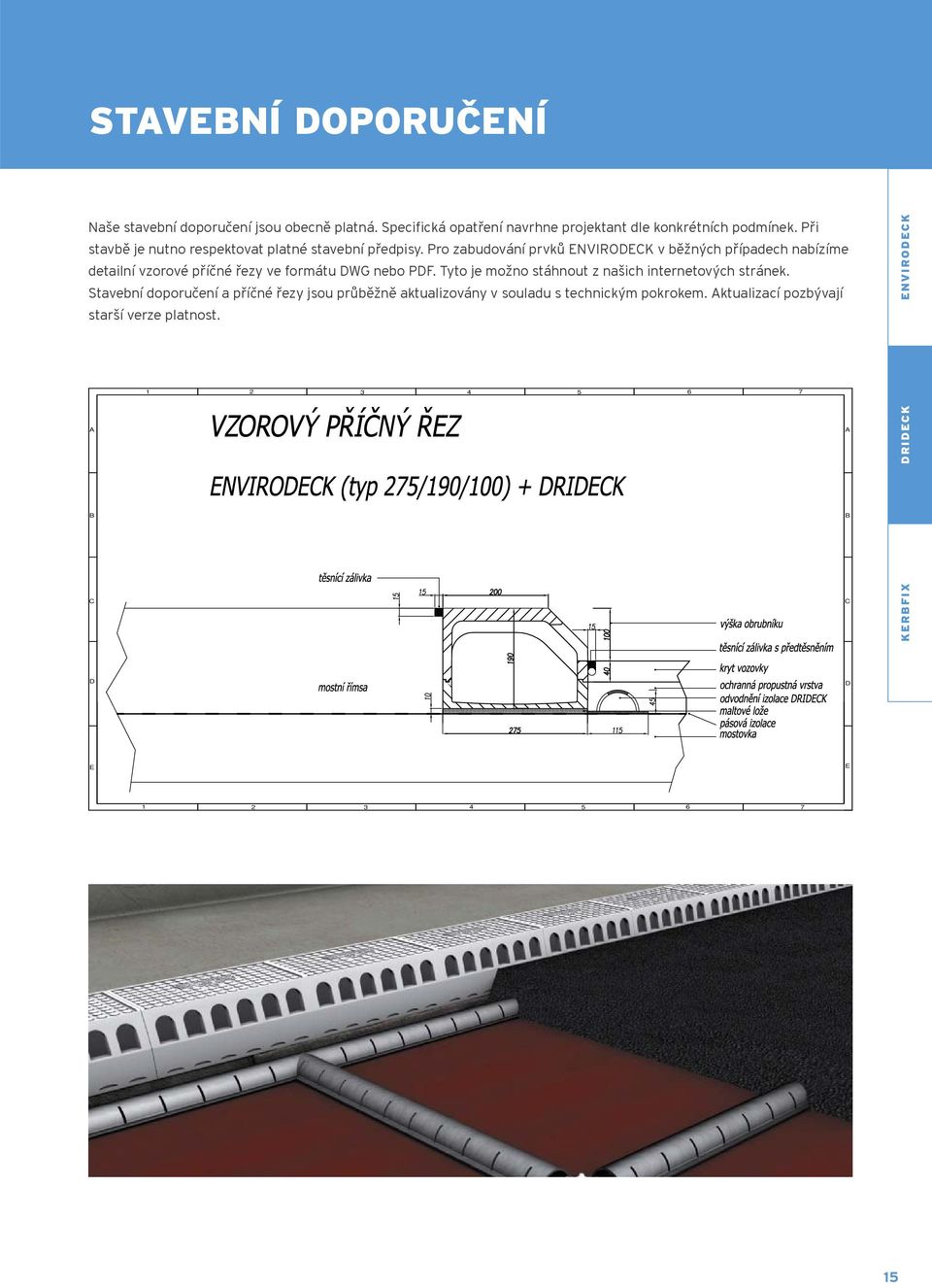 Pro zabudování prvků ENVIRODECK v běžných případech nabízíme detailní vzorové příčné řezy ve formátu DWG nebo PDF.