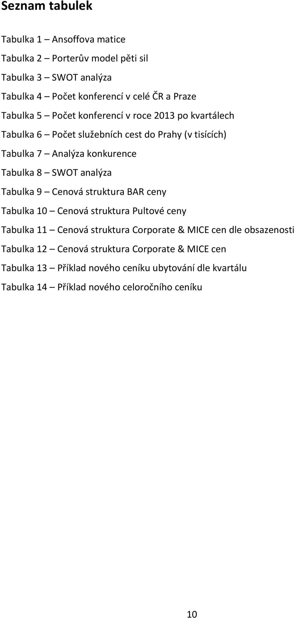 SWOT analýza Tabulka 9 Cenová struktura BAR ceny Tabulka 10 Cenová struktura Pultové ceny Tabulka 11 Cenová struktura Corporate & MICE cen dle