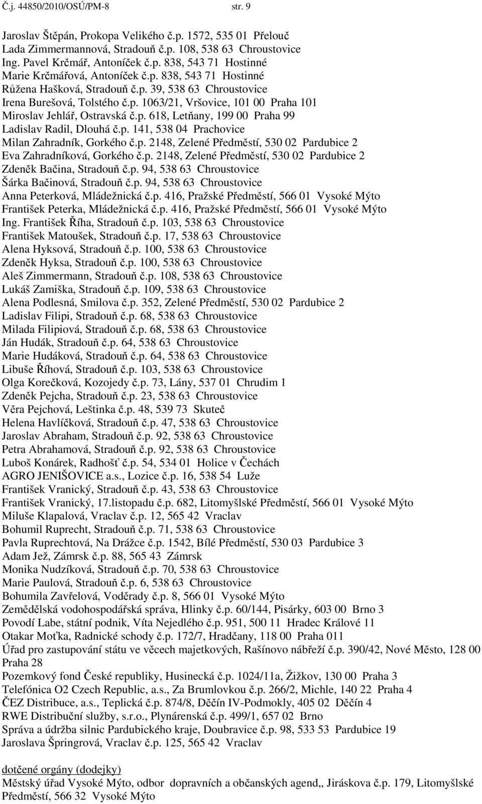 p. 141, 538 04 Prachovice Milan Zahradník, Gorkého č.p. 2148, Zelené Předměstí, 530 02 Pardubice 2 Eva Zahradníková, Gorkého č.p. 2148, Zelené Předměstí, 530 02 Pardubice 2 Zdeněk Bačina, Stradouň č.
