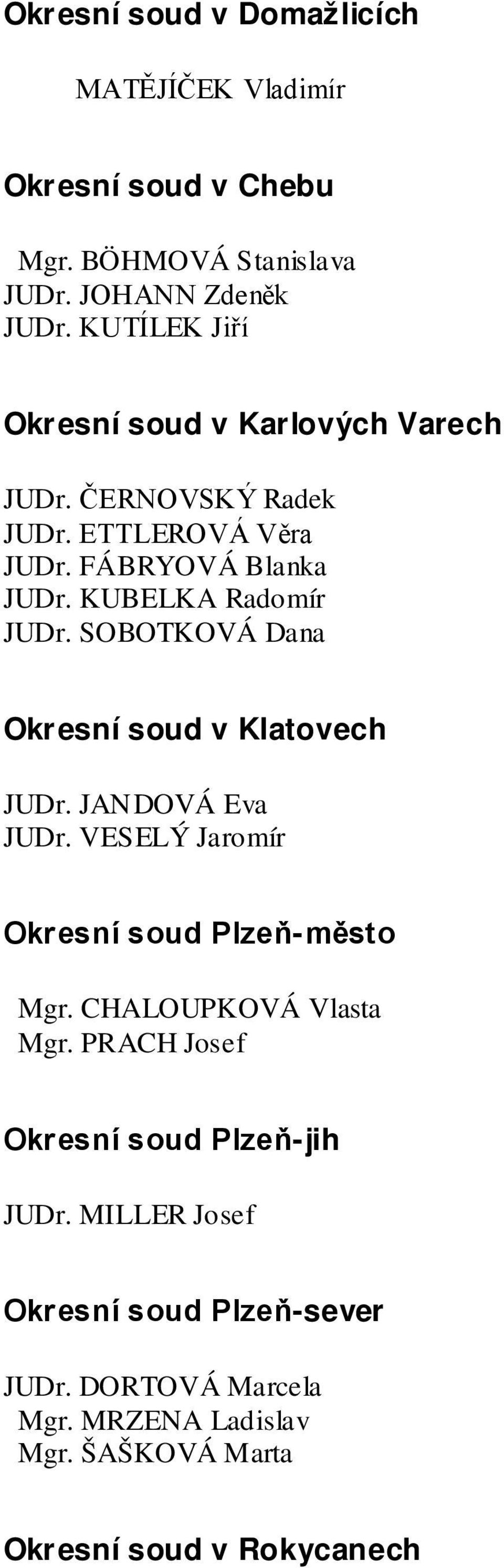 SOBOTKOVÁ Dana Okresní soud v Klatovech JUDr. JANDOVÁ Eva JUDr. VESELÝ Jaromír Okresní soud Plzeň-město Mgr. CHALOUPKOVÁ Vlasta Mgr.