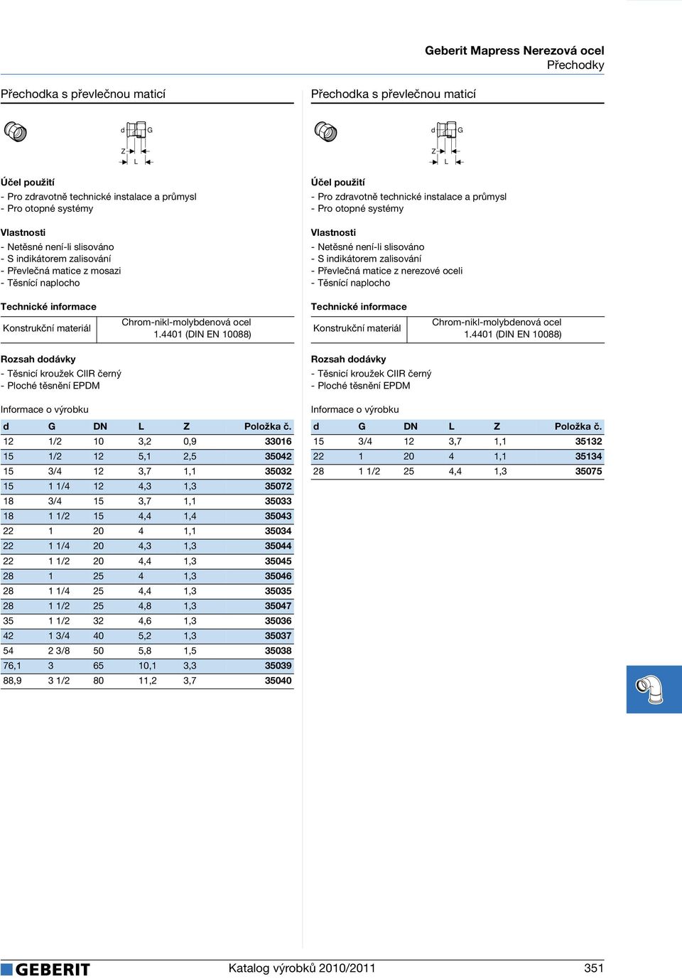 4401 (DIN EN 10088) Chrom-nikl-molybenová ocel 1.4401 (DIN EN 10088) Rozsah oávky - Ploché těsnění EPDM Rozsah oávky - Ploché těsnění EPDM G DN Položka č.