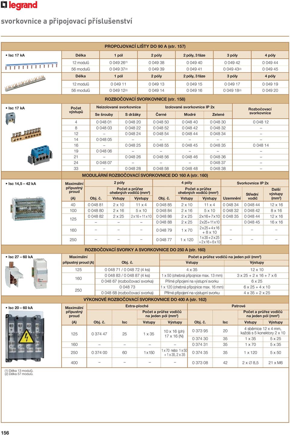 póly 2 póly, 3 fáze 3 póly 4 póly 12 modulů 0 049 11 0 049 13 0 049 15 0 049 17 0 049 19 56 modulů 0 049 12 (2) 0 049 14 0 049 16 0 049 18 (2) 0 049 20 ROZBOČOVACÍ SVORKOVNICE (str.