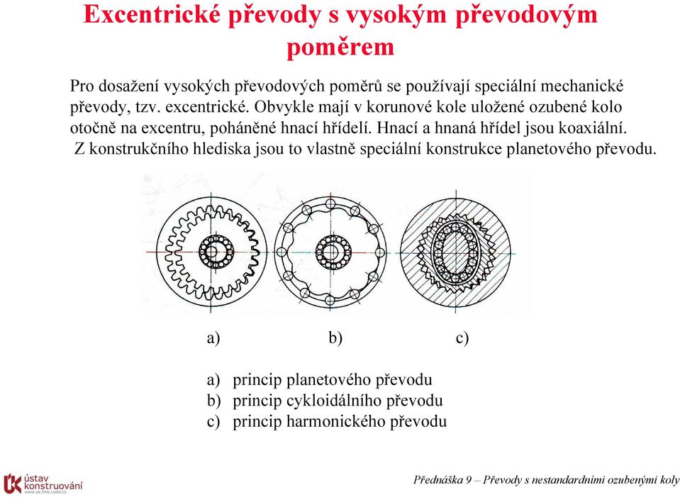 Obvykle mají v korunové kole uložené ozubené kolo otočně na excentru, poháněné hnací hřídelí.