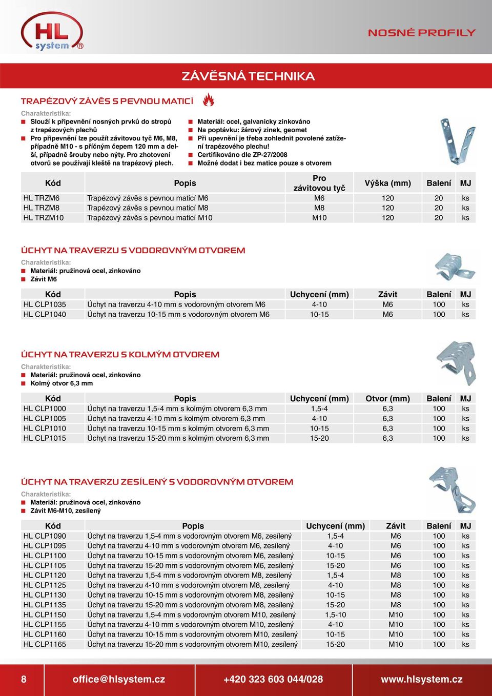 ZÁVĚSNÁ TECHNIKA Na poptávku: žárový zinek, geomet Při upevnění je třeba zohlednit povolené zatížení trapézového plechu!