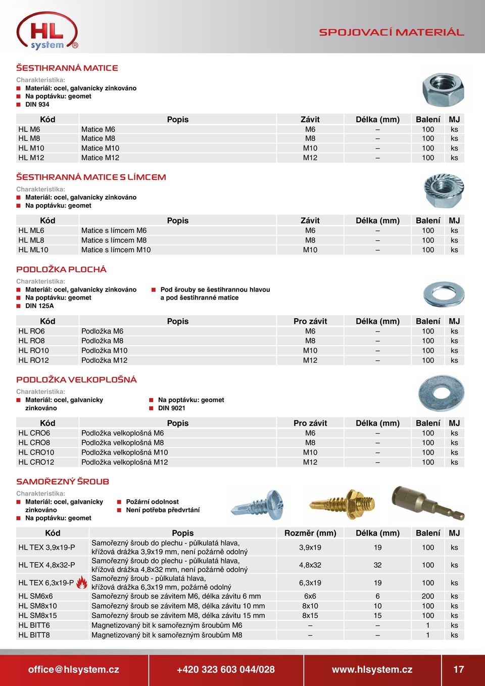 šestihrannou hlavou a pod šestihranné matice Pro závit Délka (mm) Balení MJ HL RO6 Podložka M6 M6 100 ks HL RO8 Podložka M8 M8 100 ks HL RO10 Podložka M10 M10 100 ks HL RO12 Podložka M12 M12 100 ks