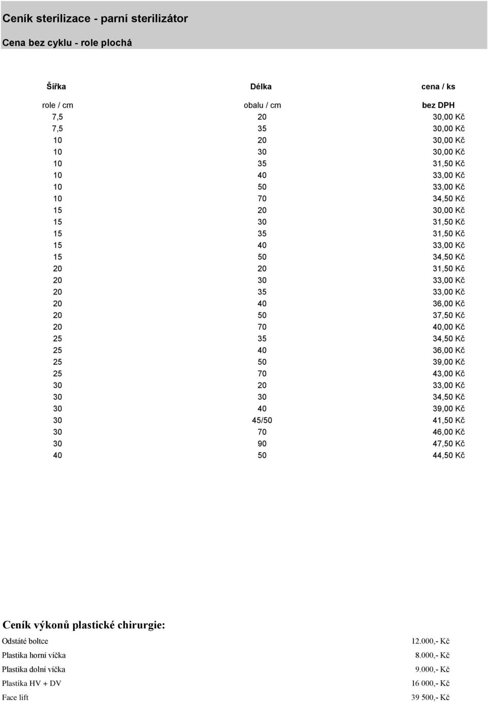 Kč 20 50 37,50 Kč 20 70 40,00 Kč 25 35 34,50 Kč 25 40 36,00 Kč 25 50 39,00 Kč 25 70 43,00 Kč 30 20 33,00 Kč 30 30 34,50 Kč 30 40 39,00 Kč 30 45/50 41,50 Kč 30 70 46,00 Kč 30 90 47,50 Kč