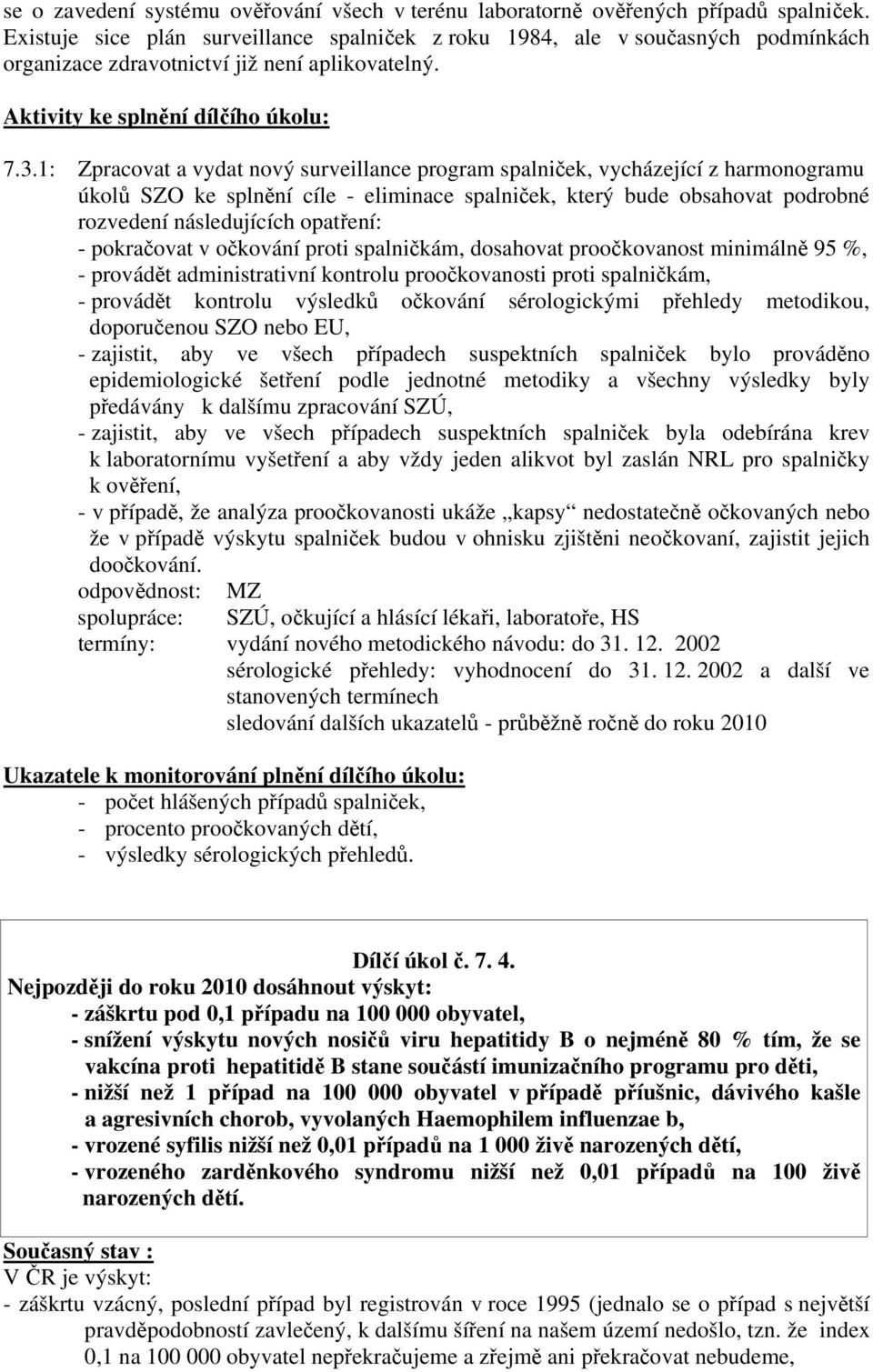 1: Zpracovat a vydat nový surveillance program spalniček, vycházející z harmonogramu úkolů SZO ke splnění cíle - eliminace spalniček, který bude obsahovat podrobné rozvedení následujících opatření: -