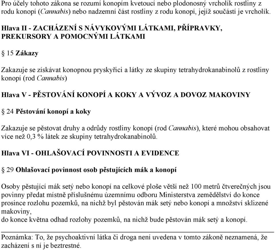 Cannabis) Hlava V - PĚSTOVÁNÍ KONOPÍ A KOKY A VÝVOZ A DOVOZ MAKOVINY 24 Pěstování konopí a koky Zakazuje se pěstovat druhy a odrůdy rostliny konopí (rod Cannabis), které mohou obsahovat více než 0,3