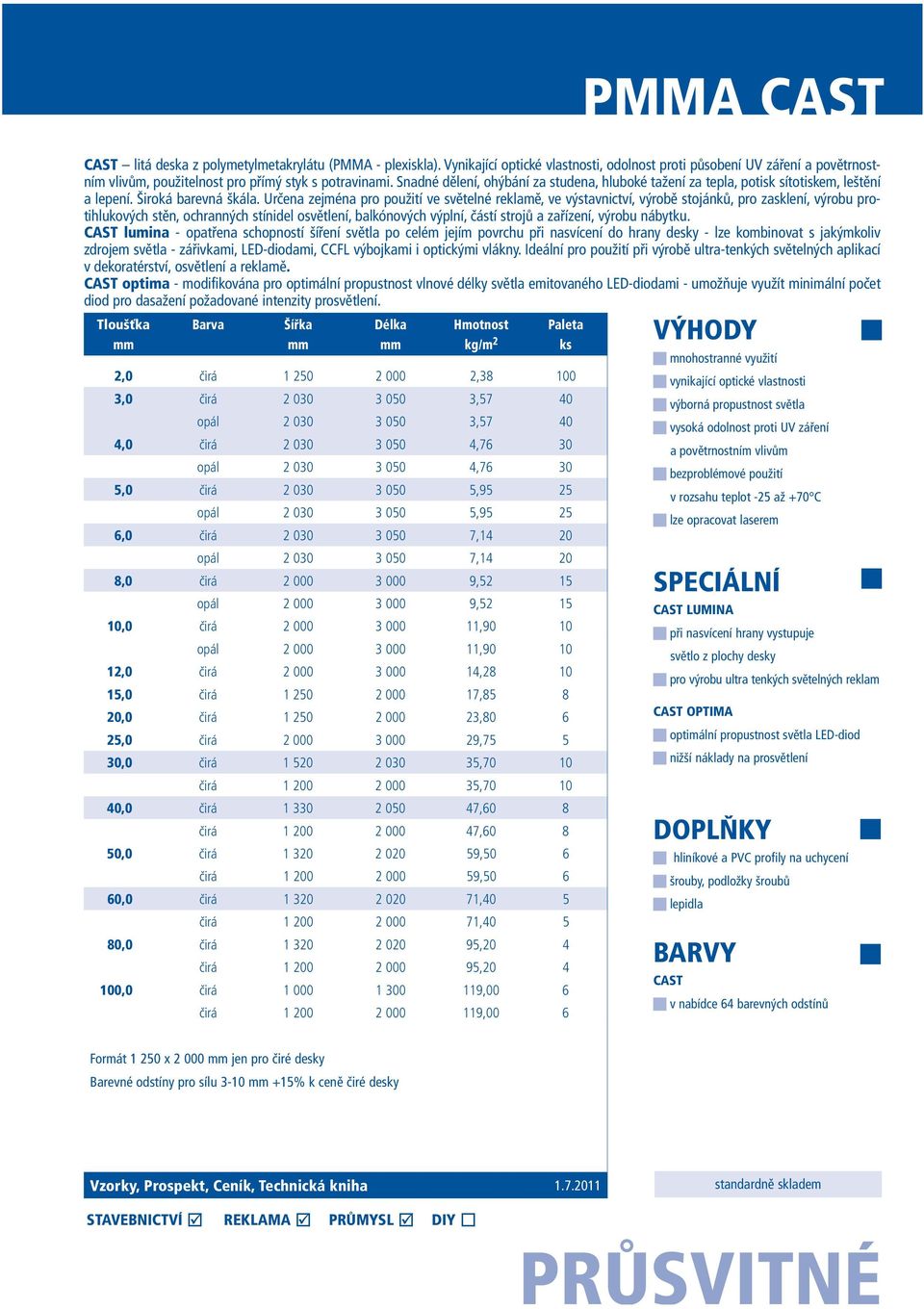 Určena zejména pro použití ve světelné reklamě, ve výstavnictví, výrobě stojánků, pro zasklení, výrobu protihlukových stěn, ochranných stínidel osvětlení, balkónových výplní, částí strojů a zařízení,
